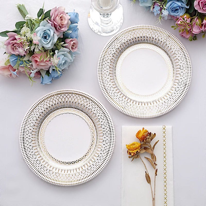 25 White Round Disposable Paper Plates with Gold Porcelain Design