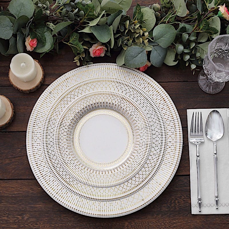 25 White Round Disposable Paper Plates with Gold Porcelain Design