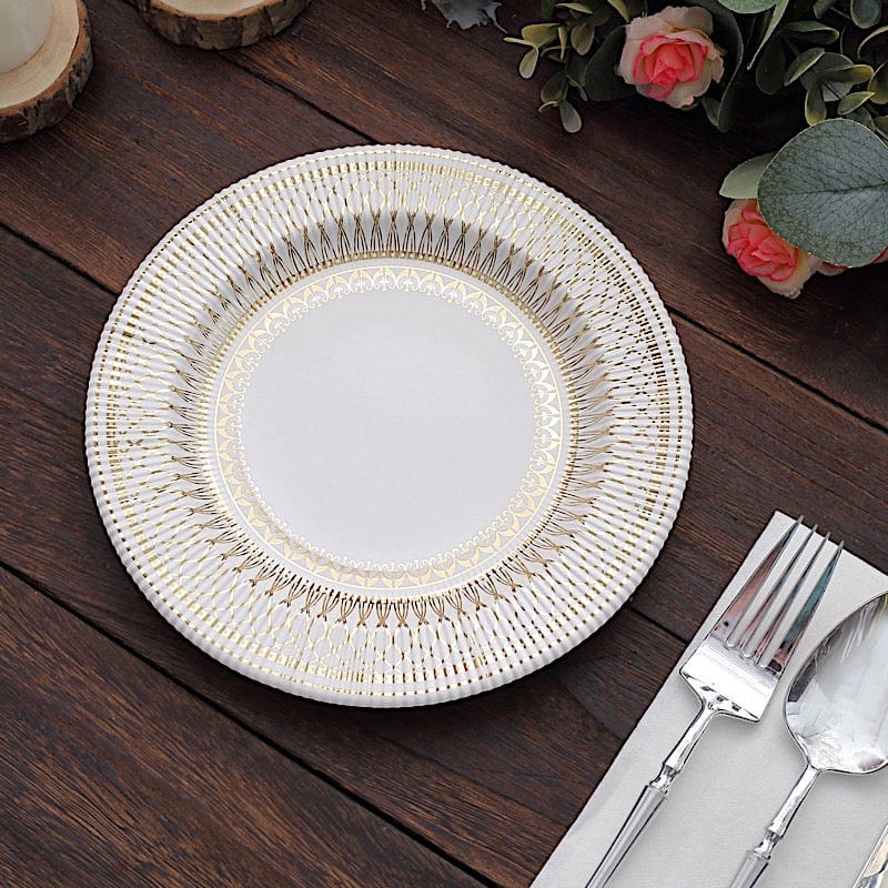 25 White Round Disposable Paper Plates with Gold Porcelain Design