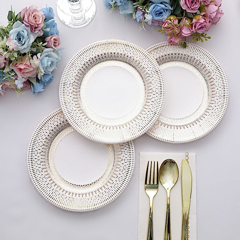 25 White Round Disposable Paper Plates with Gold Porcelain Design