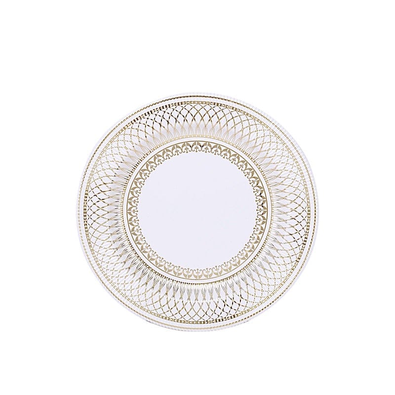 25 White Round Disposable Paper Plates with Gold Porcelain Design