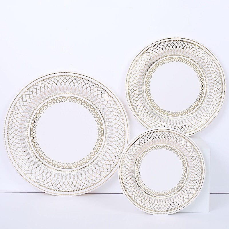 25 White Round Disposable Paper Plates with Gold Porcelain Design