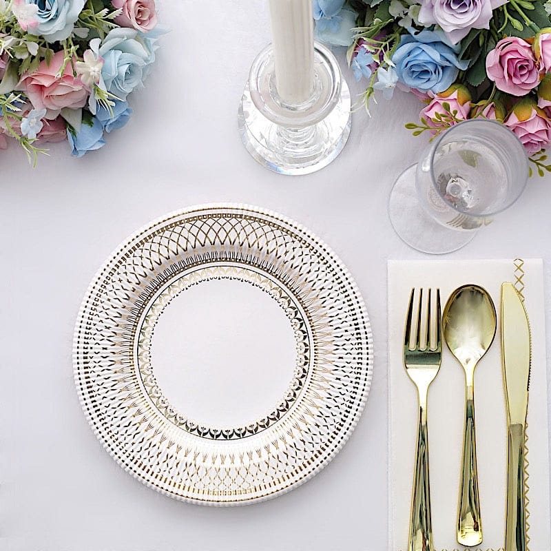 25 White Round Disposable Paper Plates with Gold Porcelain Design