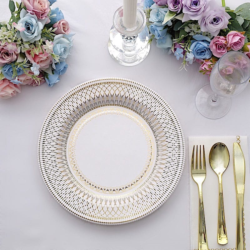 25 White Round Disposable Paper Plates with Gold Porcelain Design
