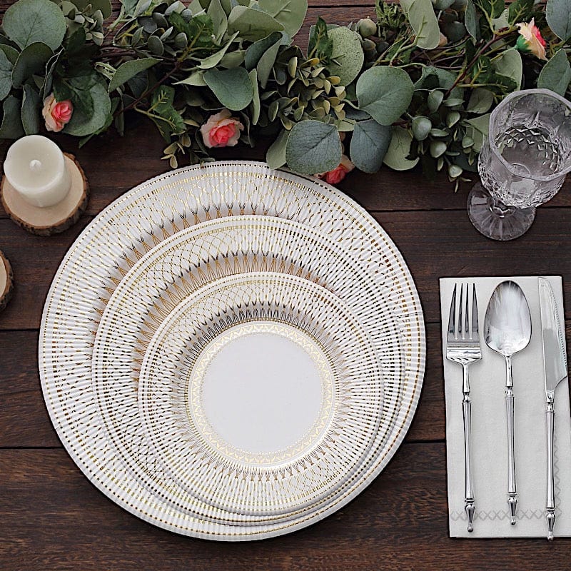 25 White Round Disposable Paper Plates with Gold Porcelain Design