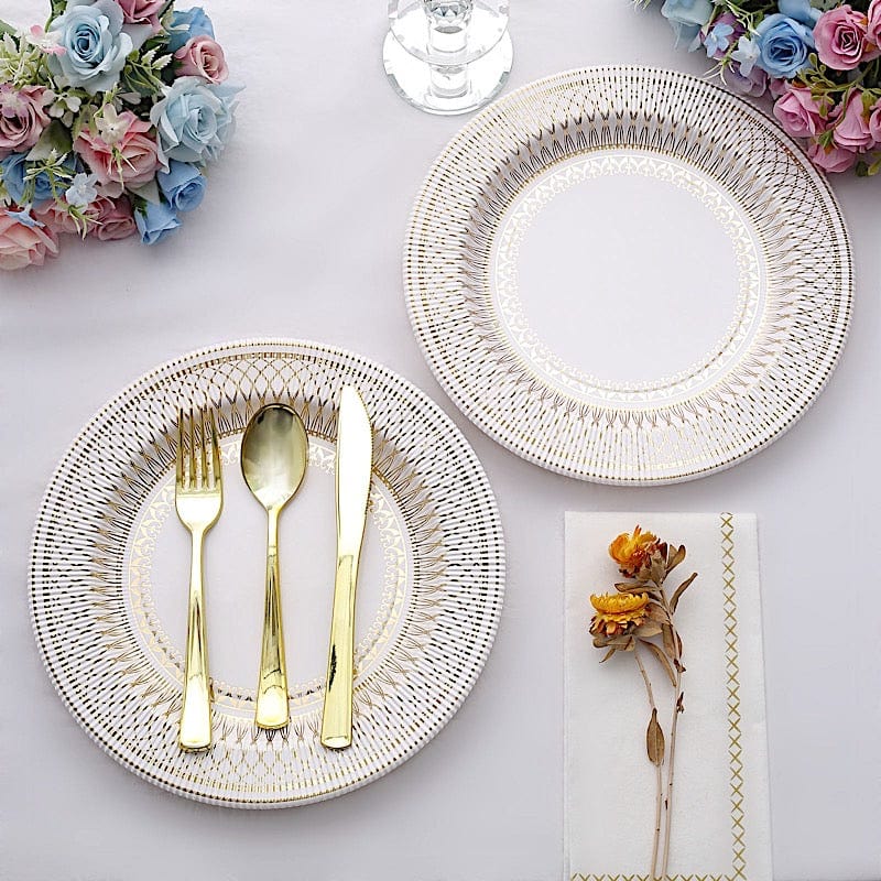 25 White Round Disposable Paper Plates with Gold Porcelain Design
