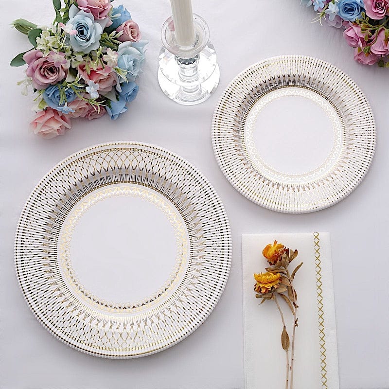 25 White Round Disposable Paper Plates with Gold Porcelain Design