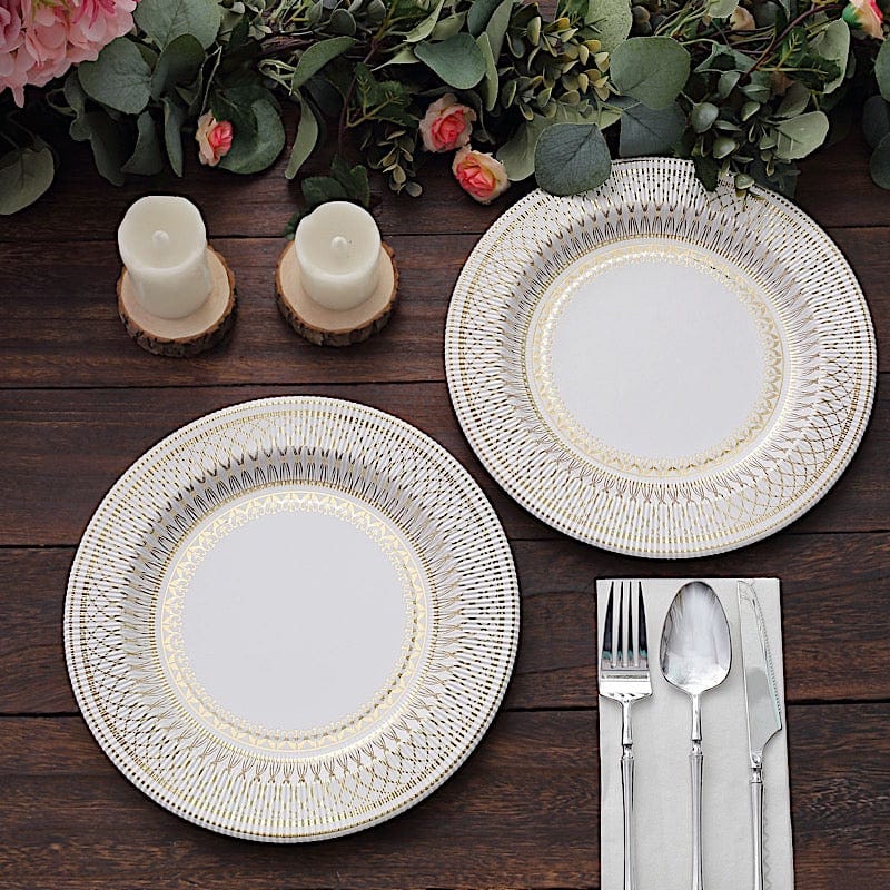 25 White Round Disposable Paper Plates with Gold Porcelain Design