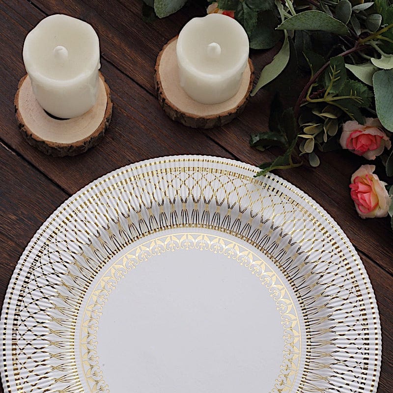25 White Round Disposable Paper Plates with Gold Porcelain Design