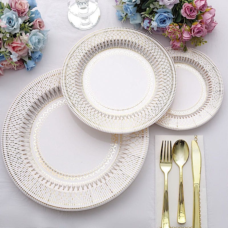 25 White Round Disposable Paper Plates with Gold Porcelain Design