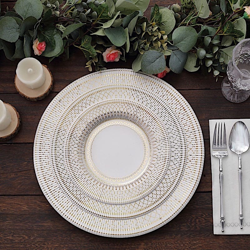 25 White Round Disposable Paper Plates with Gold Porcelain Design