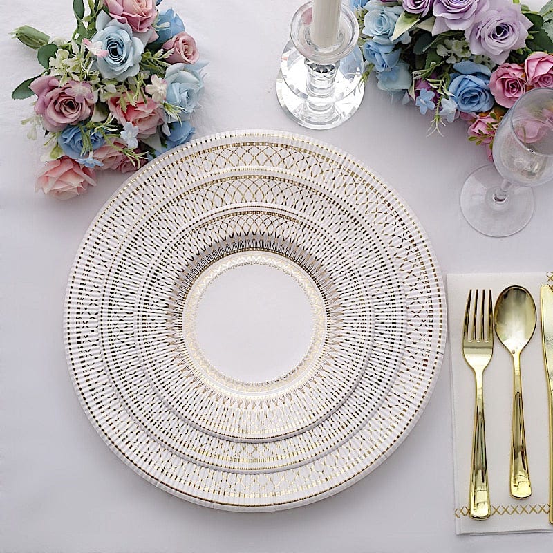 25 White Round Disposable Paper Plates with Gold Porcelain Design