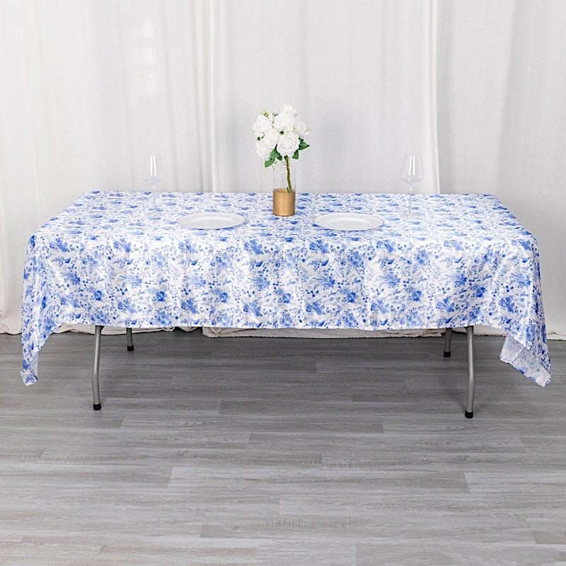 60x102 in White Satin Rectangle Tablecloth with Blue Floral Print