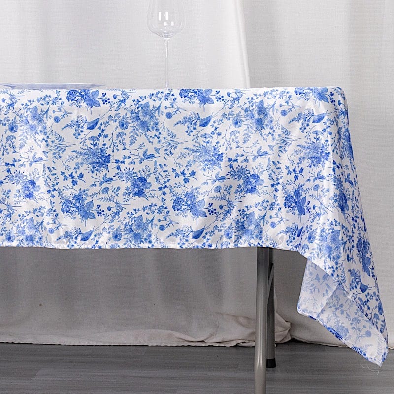 60x102 in White Satin Rectangle Tablecloth with Blue Floral Print