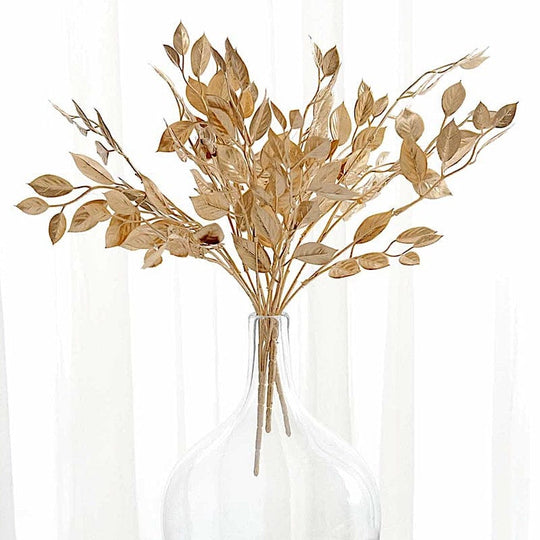 4 Metallic Gold Artificial Italian Ruscus Leaves Branches
