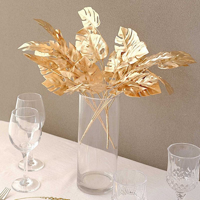 4 Metallic Gold Artificial Monstera Leaves Bushes