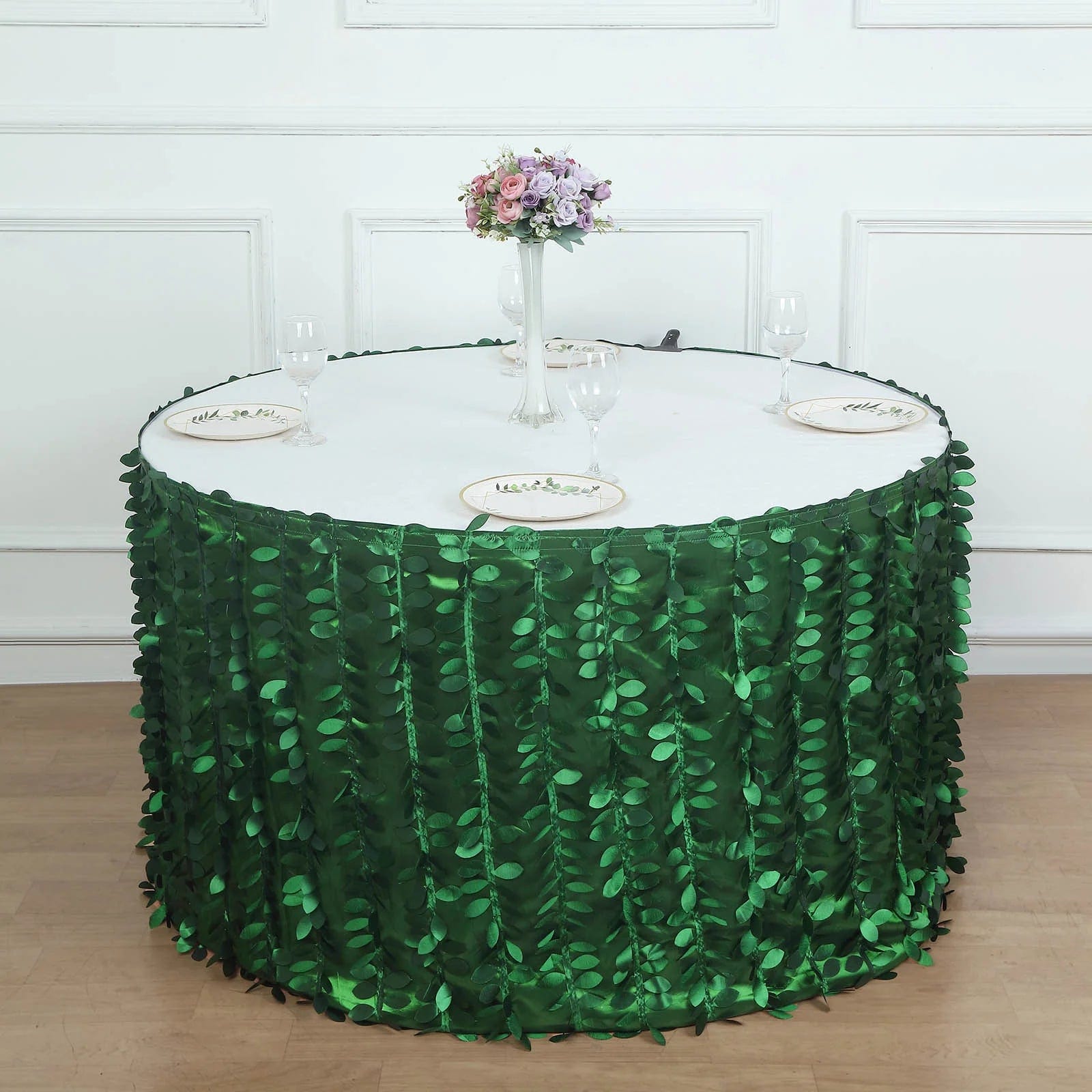 Green 17 feet Taffeta Table Skirt with Leaves Petals Design