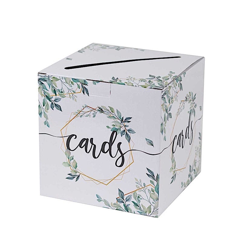 8x8 in White Greenery Theme Money Card Box with Gold Geometric Foil Print