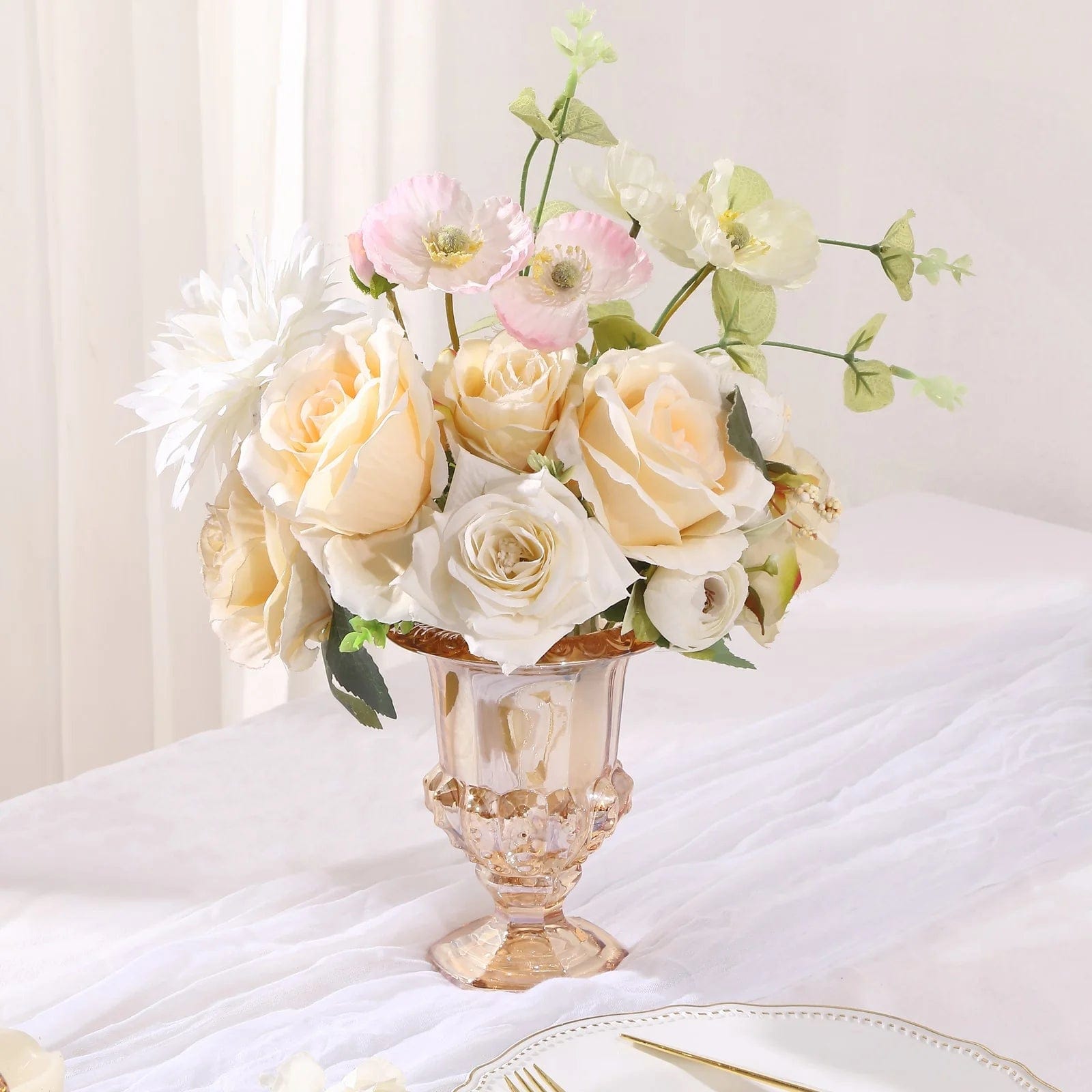 2 Amber 6.5 in Classic Roman Urn Style Glass Flower Vases