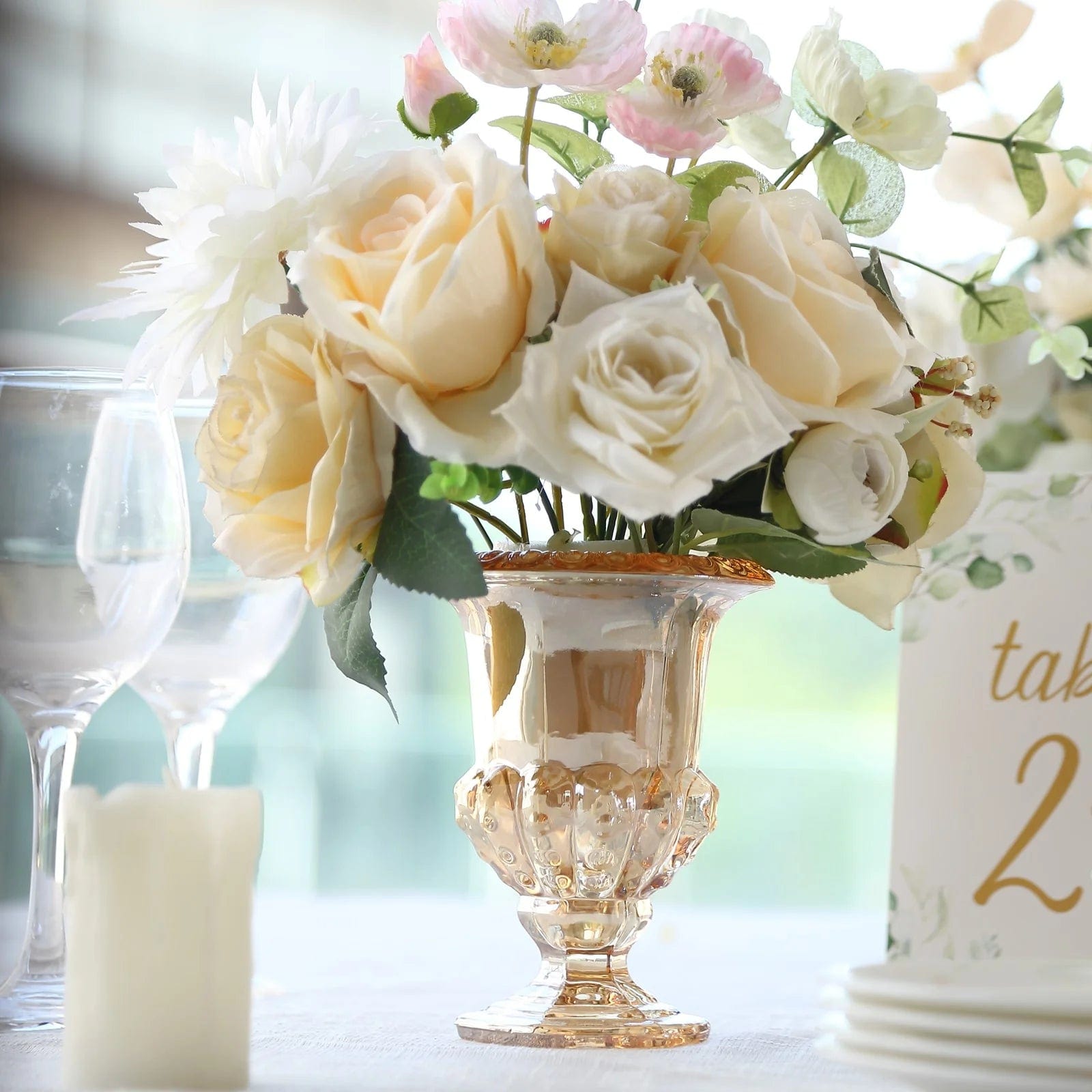 2 Amber 6.5 in Classic Roman Urn Style Glass Flower Vases