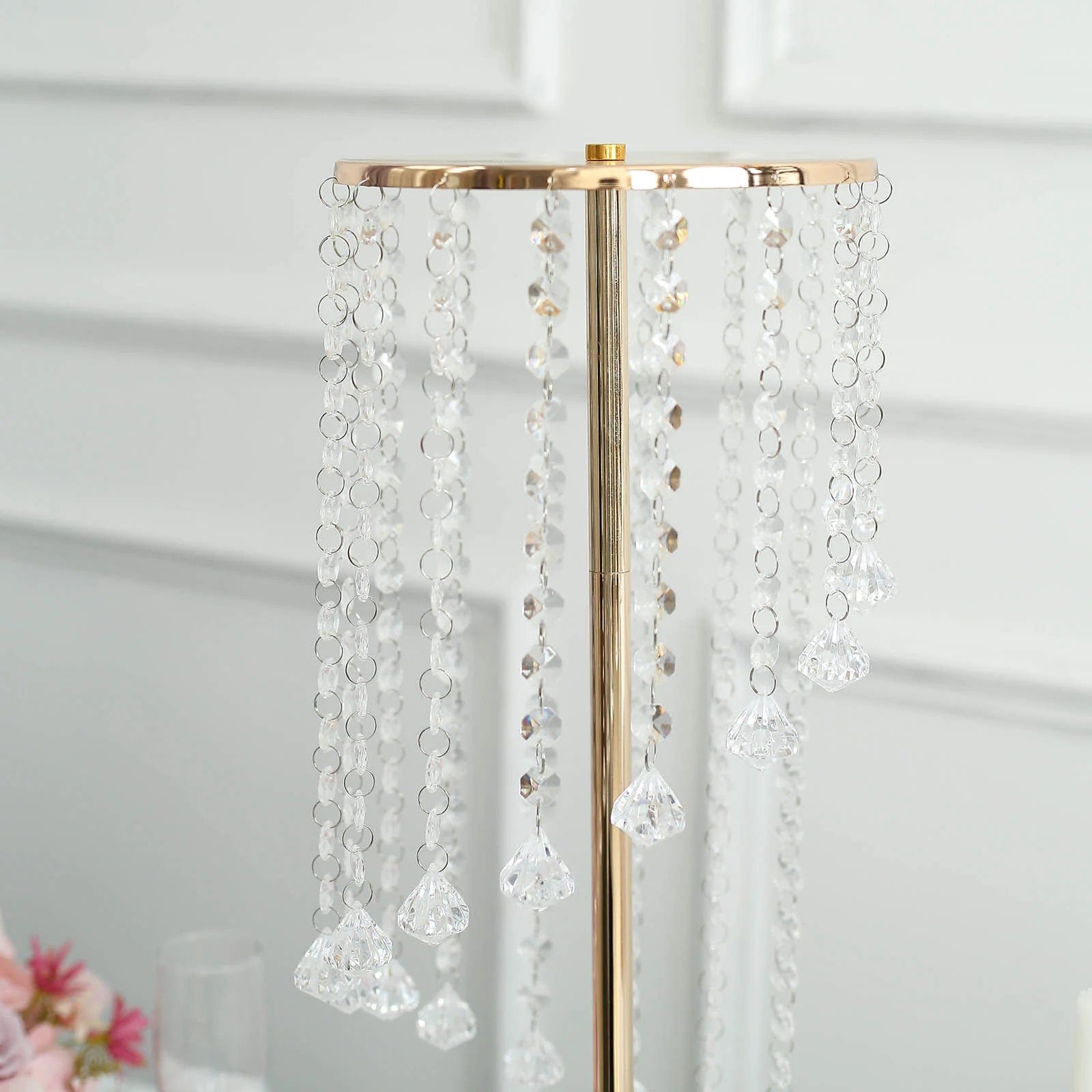 2 Gold 24 in Metal Flower Display Stands with Spiral Hanging Crystal Beads
