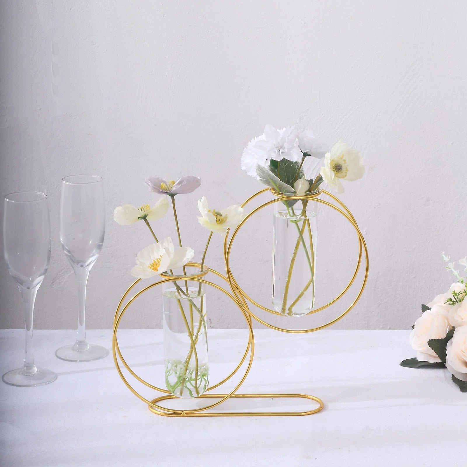 2 Gold 10 in Metal Geometric Double Ring Flower Vases with Clear Glass Tubes