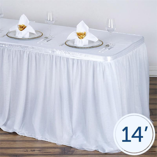 14 feet x 29" White Table Skirt with 3 Layered Tulle