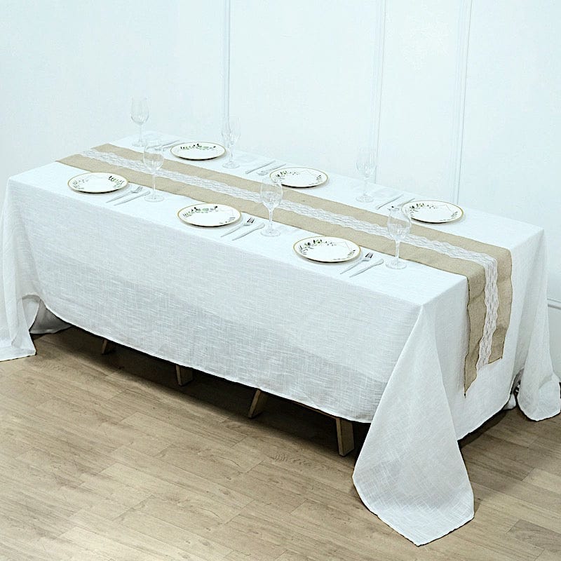 14x106 in Natural Jute Burlap Table Runner with White Lace