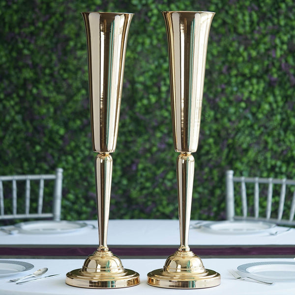 2 Gold 29" tall Metallic Trumpet Vases Candle Holders Wedding Centerpieces