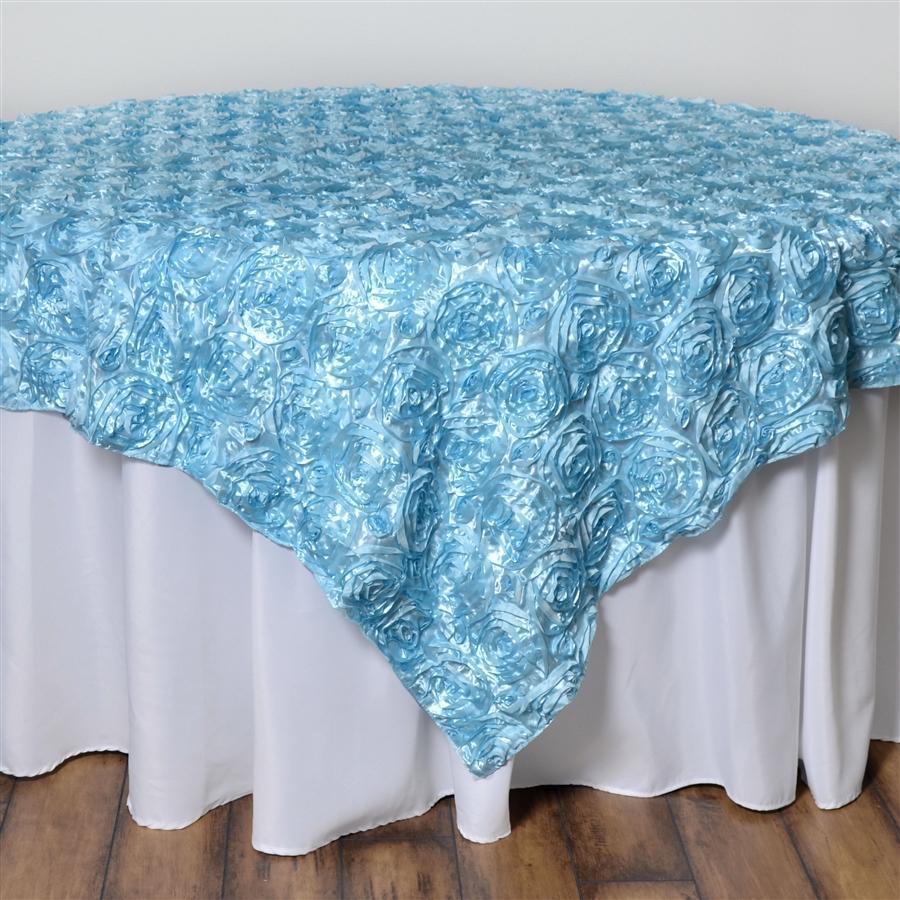 72 inch Light Blue Raised Roses Square Satin Table Overlay