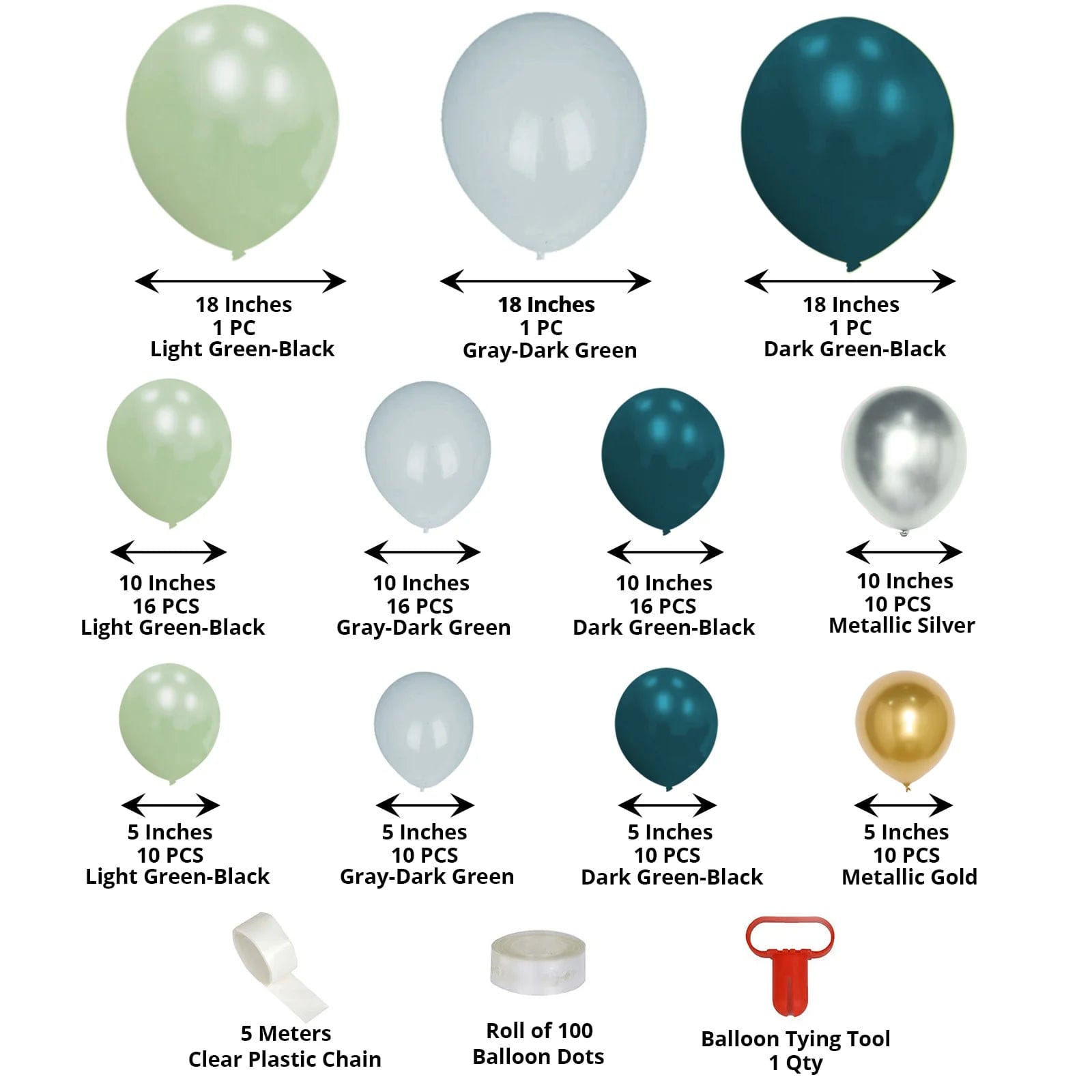 101 Green Gold Silver Double Layer Latex Balloons Garland Arch Decorations Kit Set