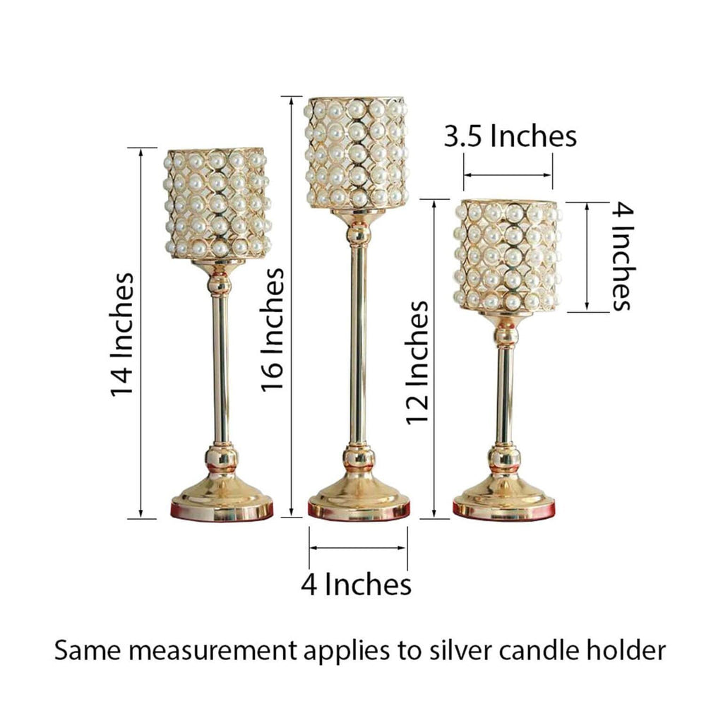 3 Pearl Beaded Gold Metal Candle Holders Wedding Centerpieces