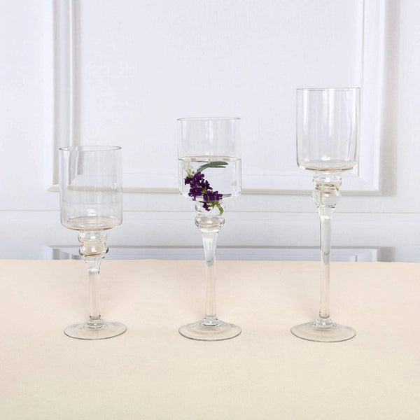 Set of 3 Raised Cylinder Clear Glass Vases Centerpieces and Candle Holders
