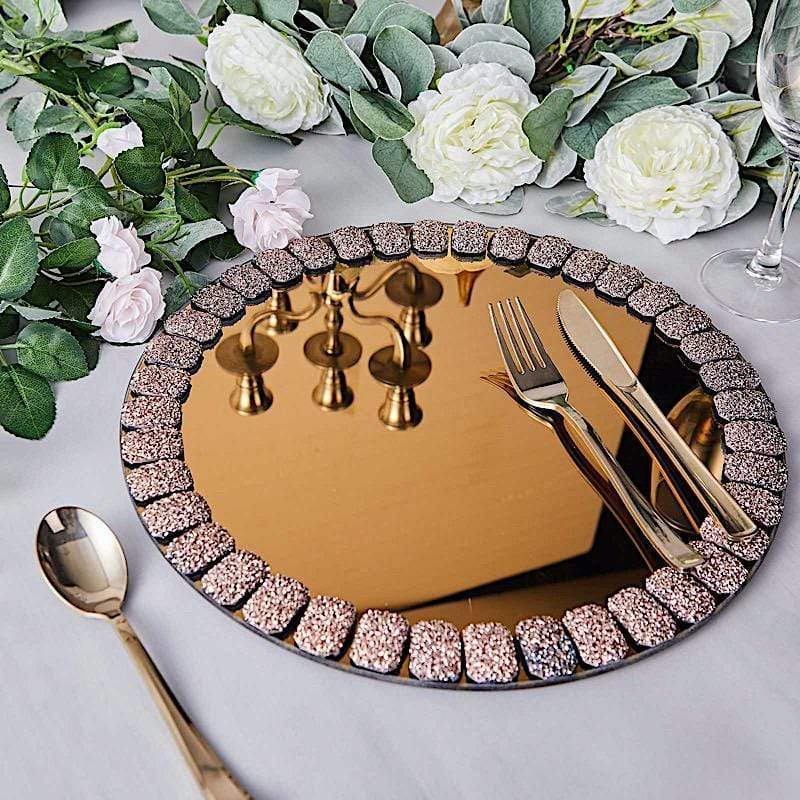2 pcs 13 in Round Mirror Glass Charger Plates with Glitter Crystals Trim
