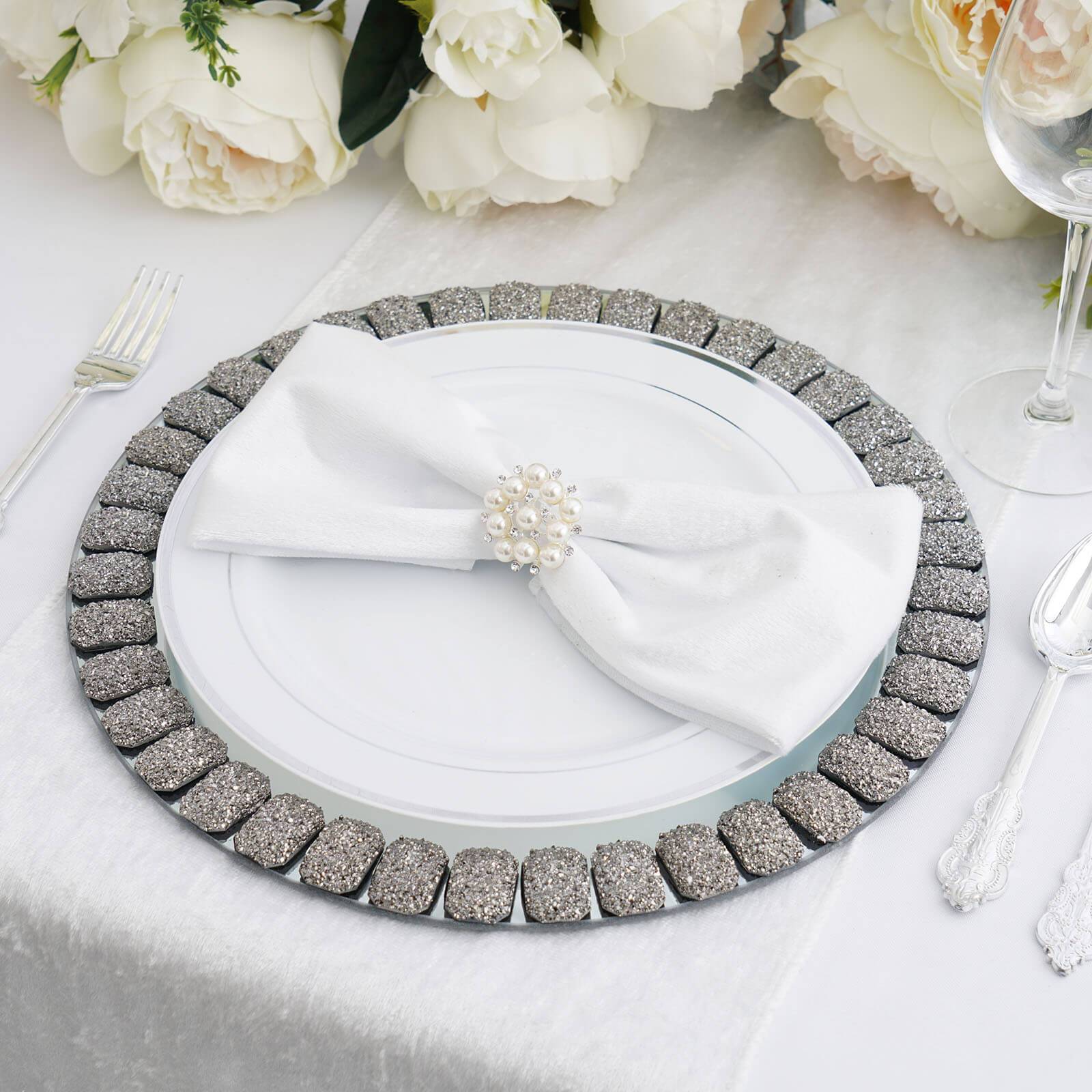 2 pcs 13 in Round Mirror Glass Charger Plates with Glitter Crystals Trim