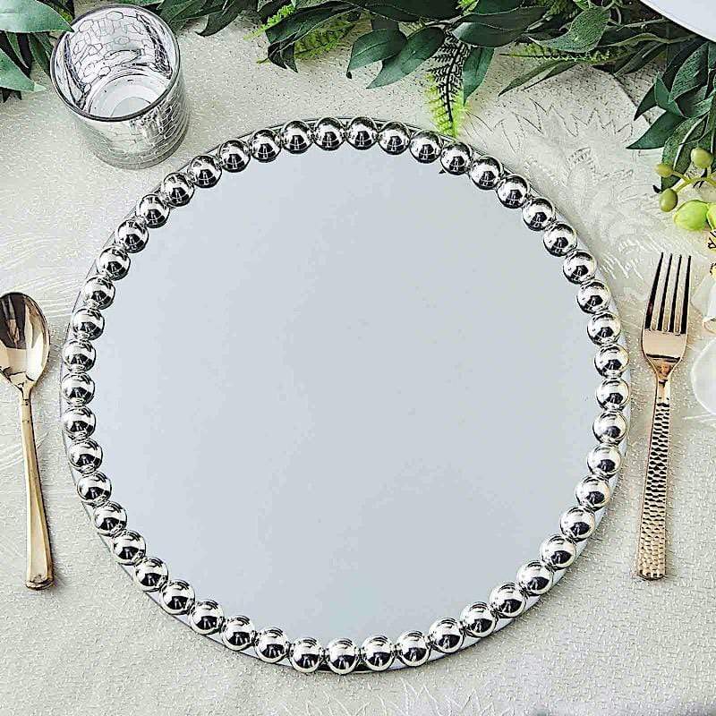 2 pcs 13 in Round Mirror Glass Charger Plates with Pearl Trim