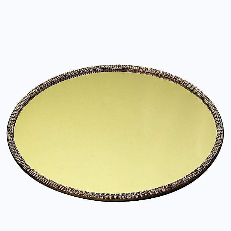 2 pcs 13 in Round Mirror Glass Charger Plates with Rhinestone Trim