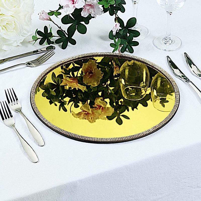 2 pcs 13 in Round Mirror Glass Charger Plates with Rhinestone Trim