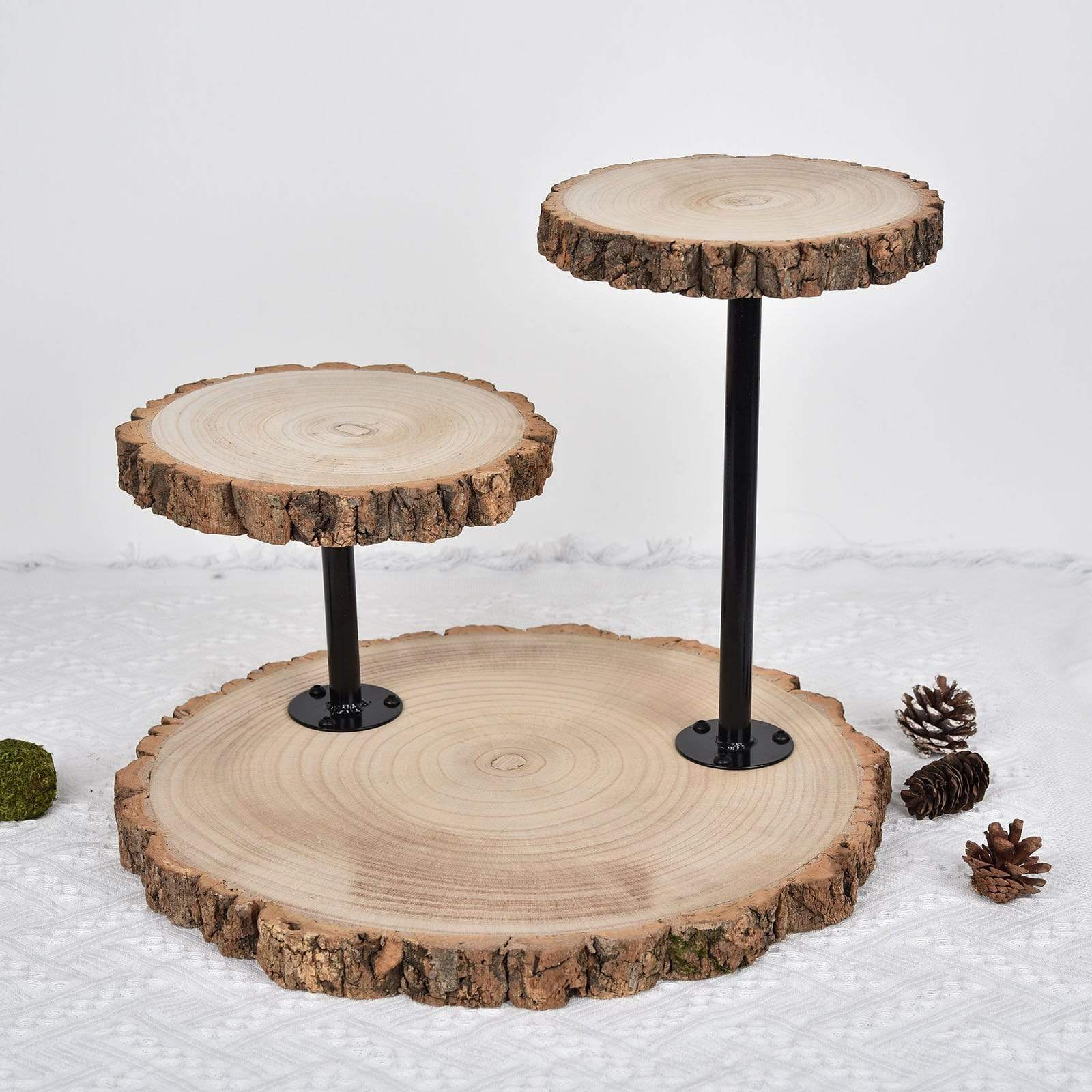 14 in 3 Tier Brown with Black Round Natural Wood Dessert Stand