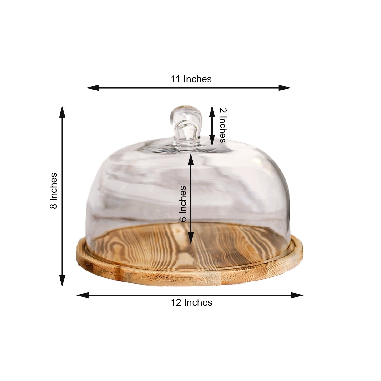 Clear and Natural 8 in tall Glass Cloche Display Dome with Wooden Base Cake Stand