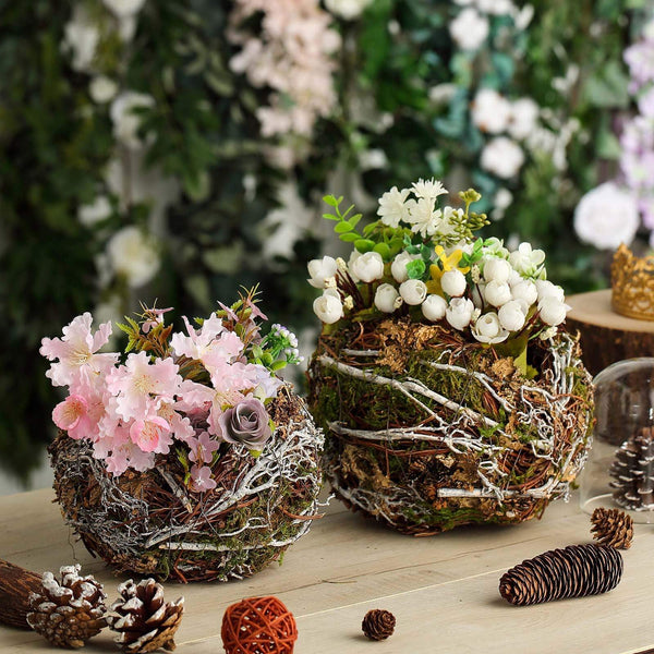 2 Brown and Green Natural Moss Bird Nest Planter Boxes Centerpieces
