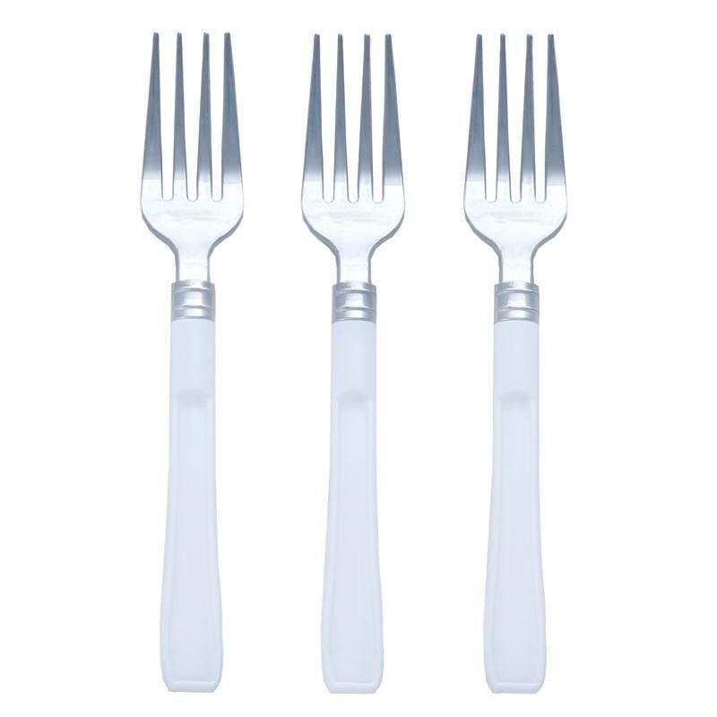 25 pcs 7" Silver Plastic Forks with White Handle