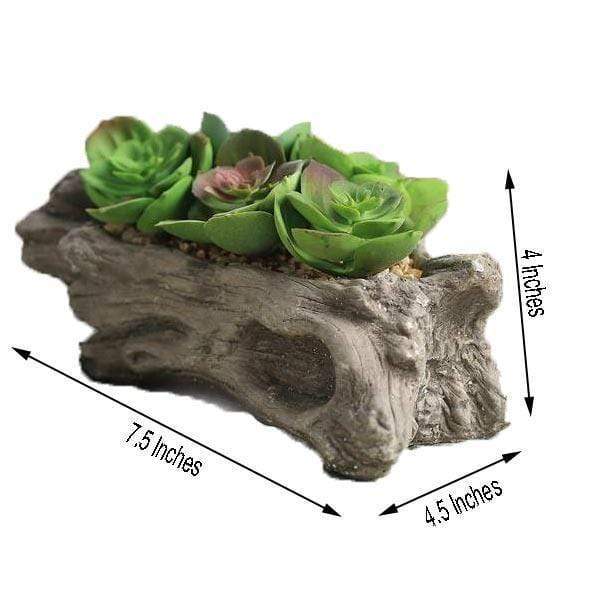 4 in tall Brown Driftwood Planter Pot with Green Artificial Succulent Plants
