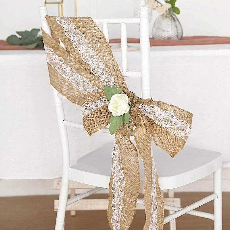 5x108 in Natural Burlap Chair Sash with White Floral Lace