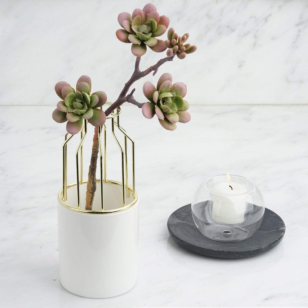 8 in tall Gold Iron with White Ceramic Pot Contemporary Vase