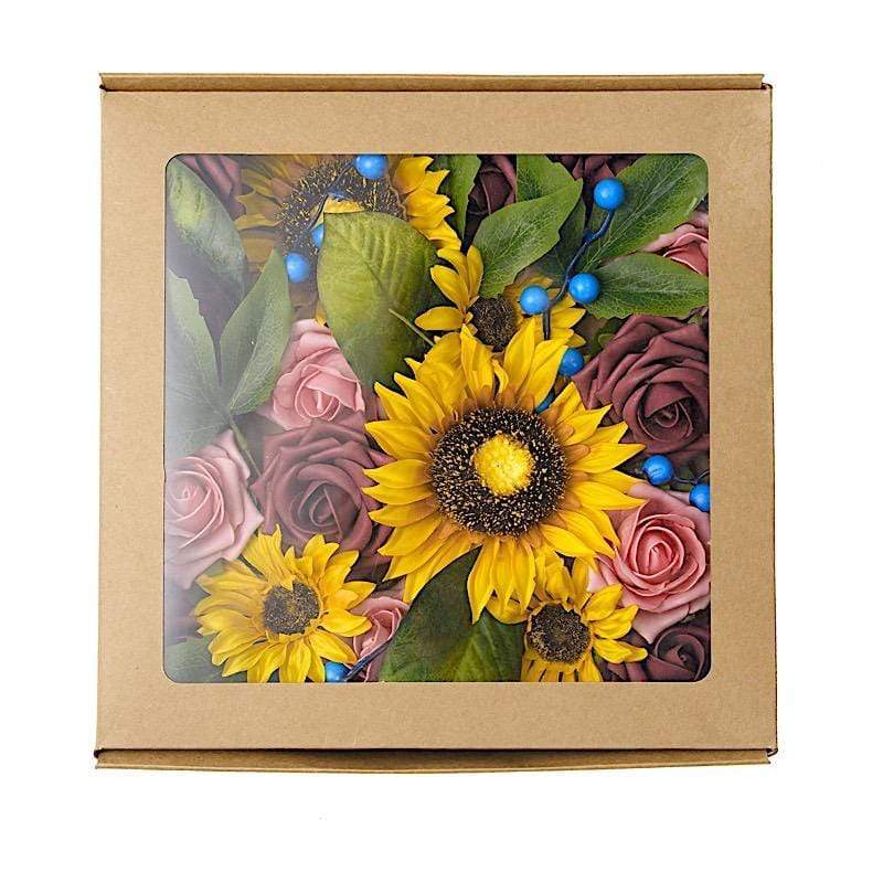 Yellow Silk Sunflowers and Burgundy Pink Foam Roses Faux Flowers Box