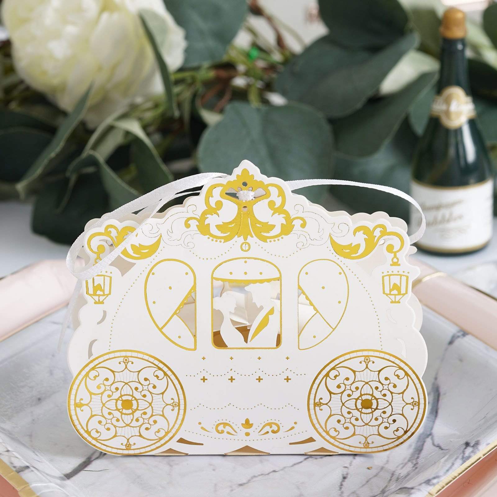 25 White and Gold Cinderella Carriage Wedding Favor Boxes with Ribbons