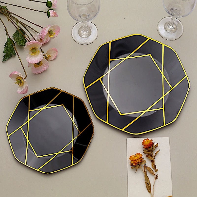 10 Octagon Disposable Salad and Dinner Plastic Plates with Gold Geometric Design