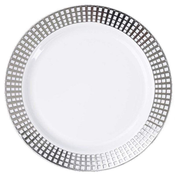10 pcs 9" Disposable White Round Plates with Silver Trim