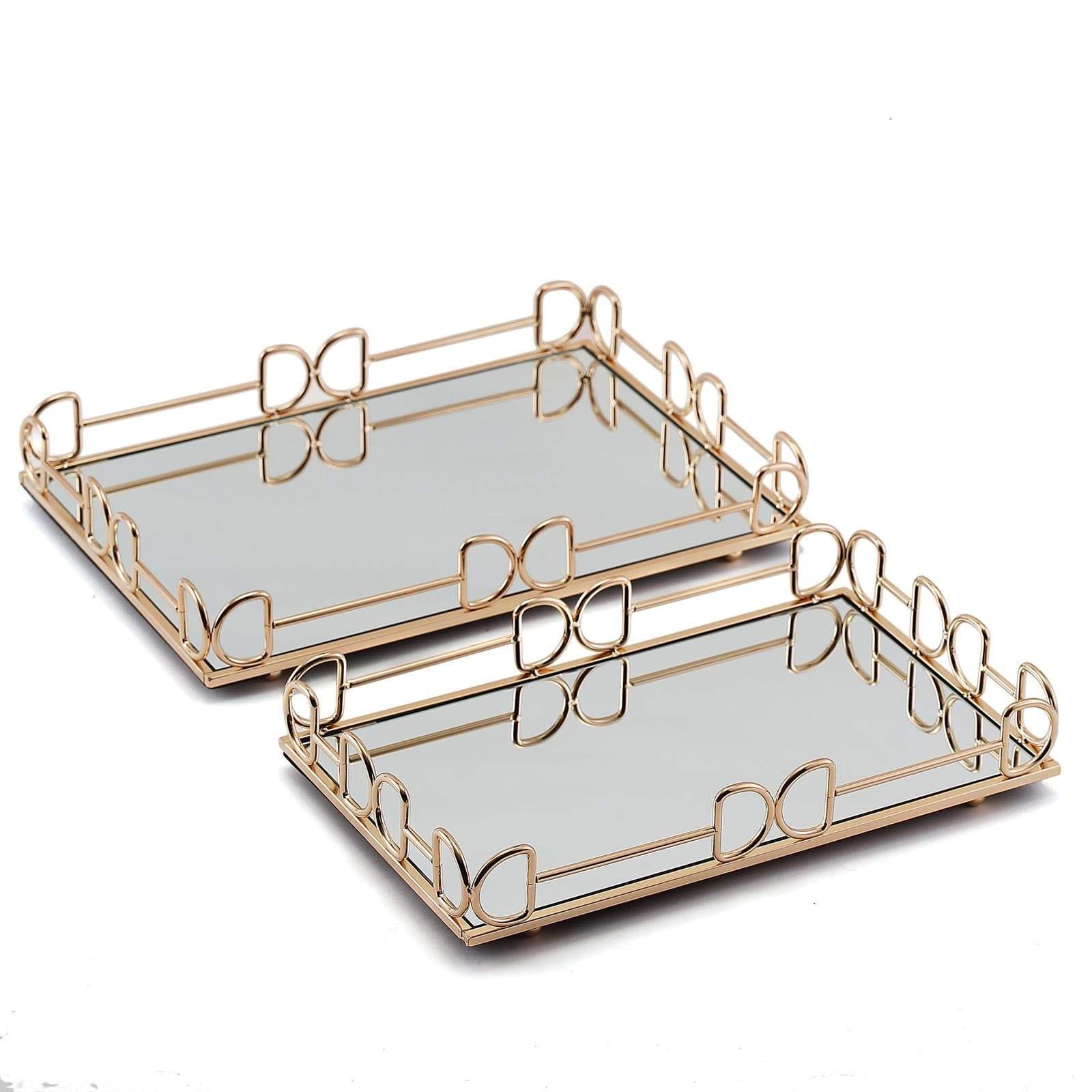2 pcs Gold Mirrored Metal Rectangle Decorative Serving Trays